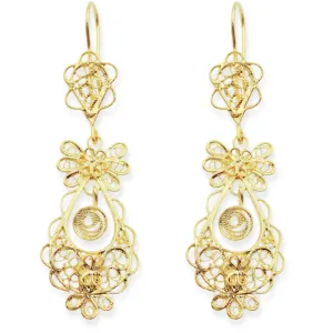 Traditional Portuguese Filigree Earrings, Gold-Color Rancho Style with Floral Design