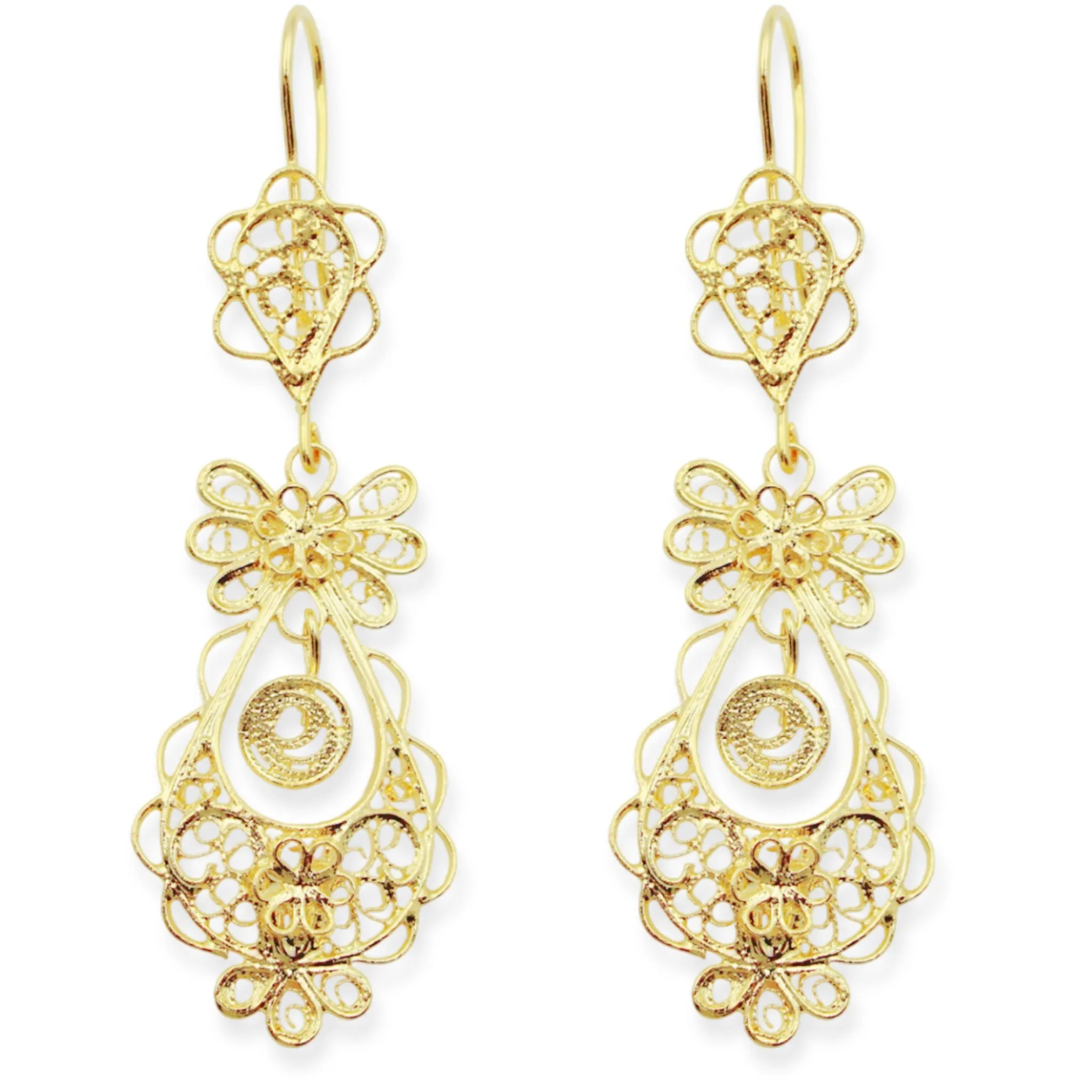 Traditional Portuguese Filigree Earrings, Gold-Color Rancho Style with Floral Design