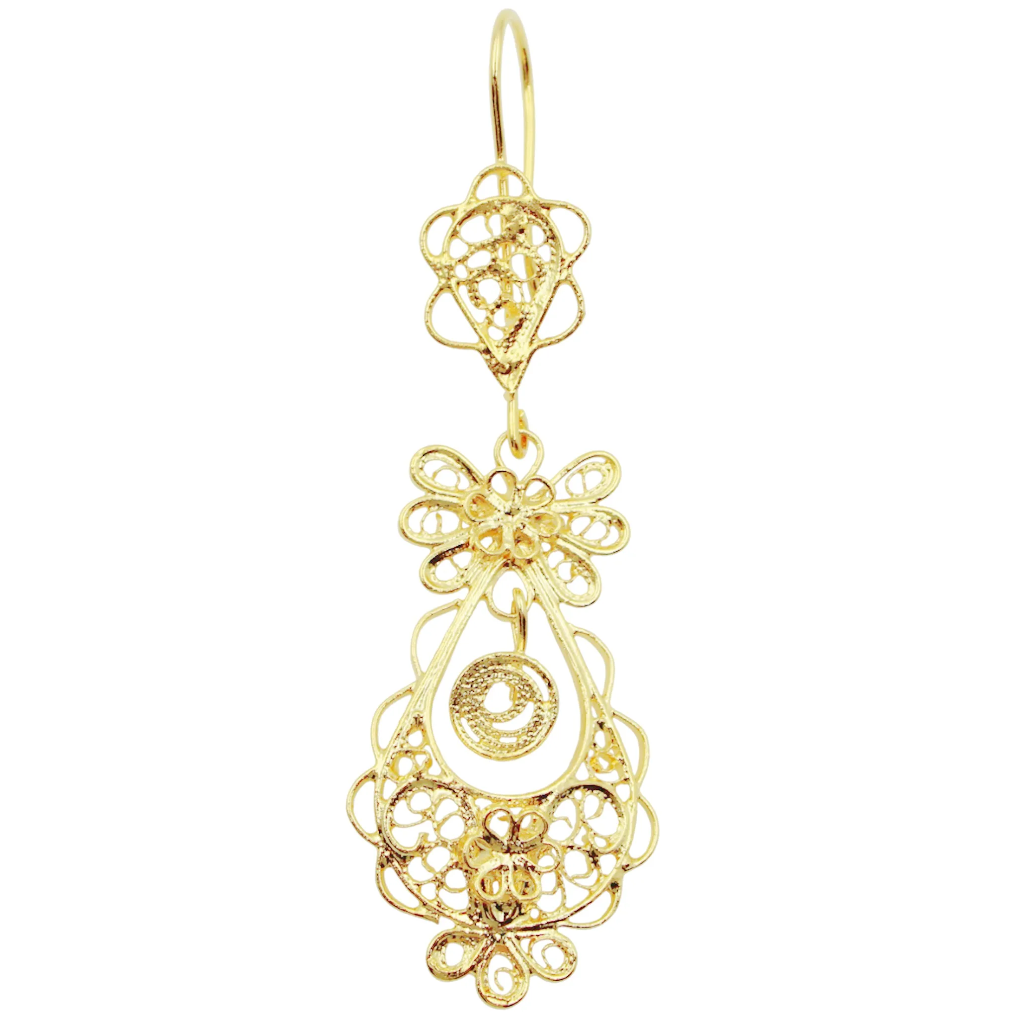 Traditional Portuguese Filigree Earrings, Gold-Color Rancho Style with Floral Design