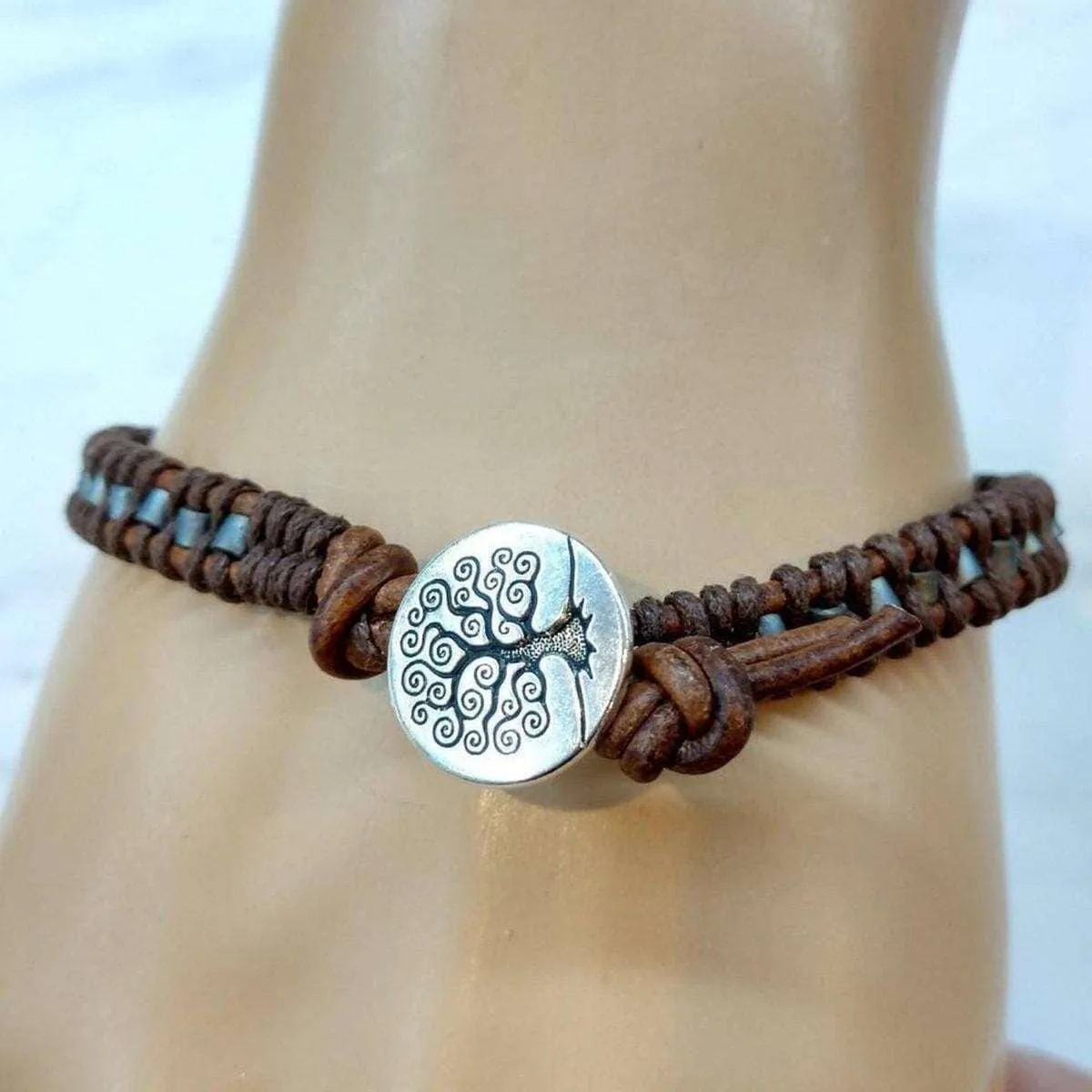 Tree of Life Button Brown Gray Leather Wrap Seed Bead Bracelet