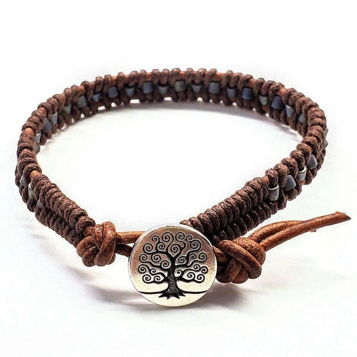 Tree of Life Button Brown Gray Leather Wrap Seed Bead Bracelet