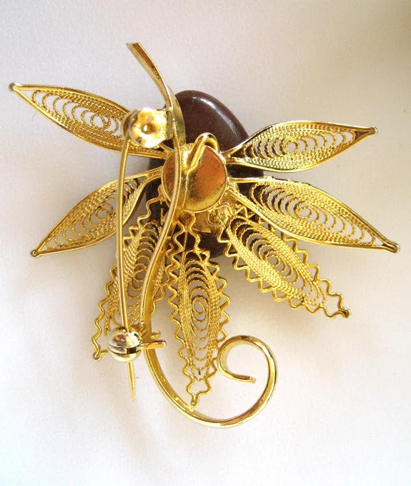 Unsigned Filigree Goldtone and Brown Stone Brooch/Pin