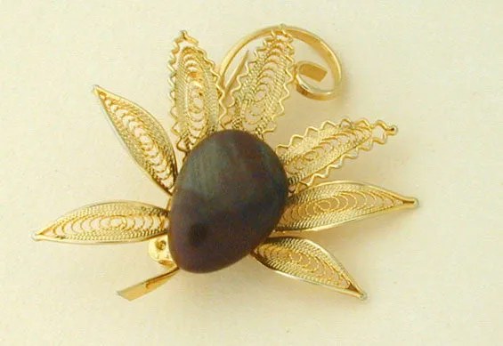 Unsigned Filigree Goldtone and Brown Stone Brooch/Pin