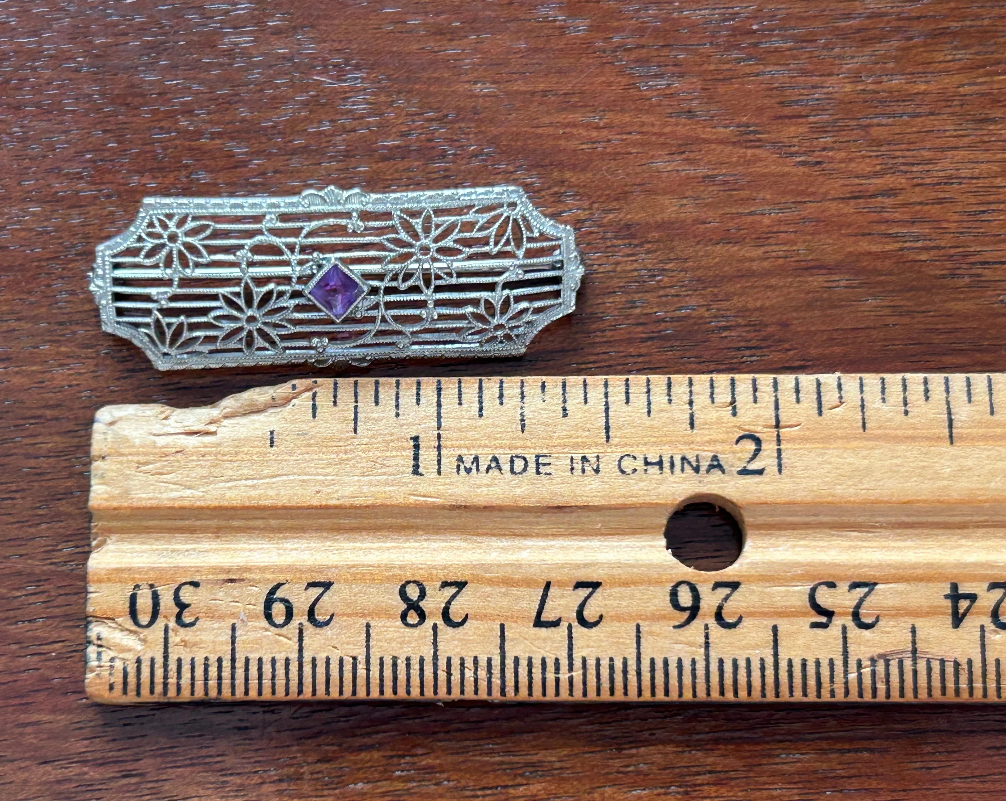 Vintage 10k White Gold Amethyst Filigree Brooch Pin