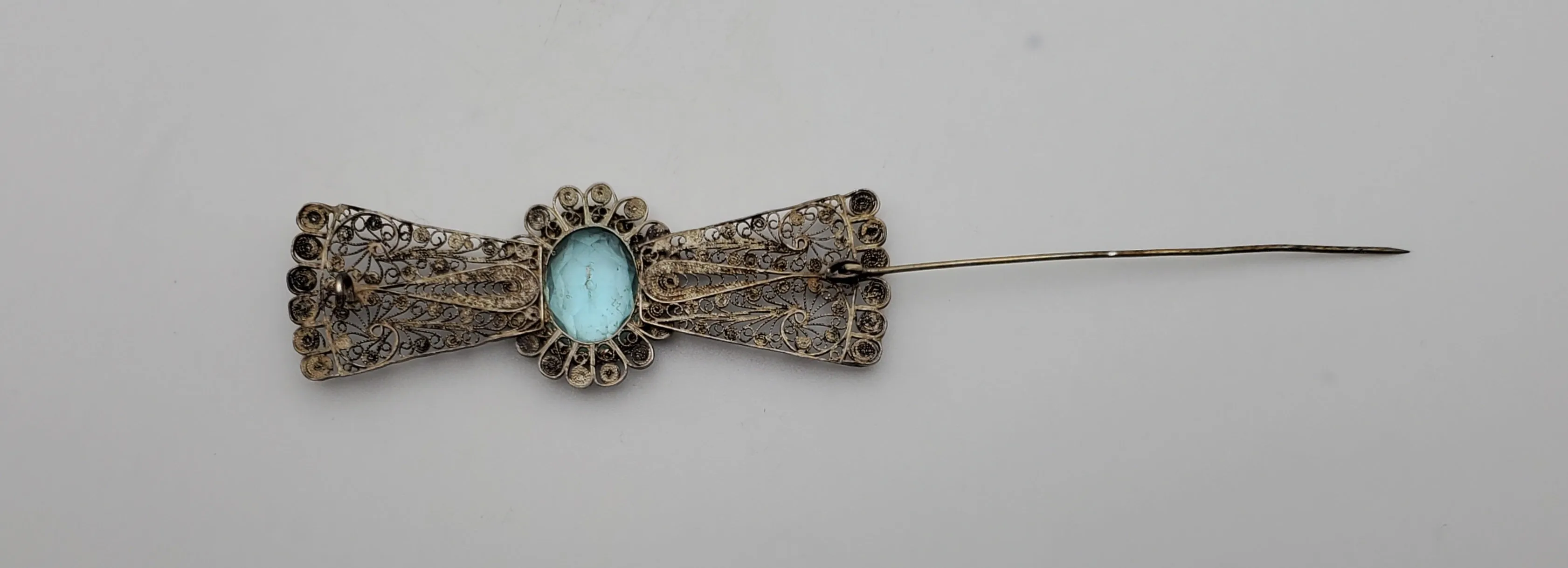 Vintage Handmade Filigree Imitation Aquamarine Brooch