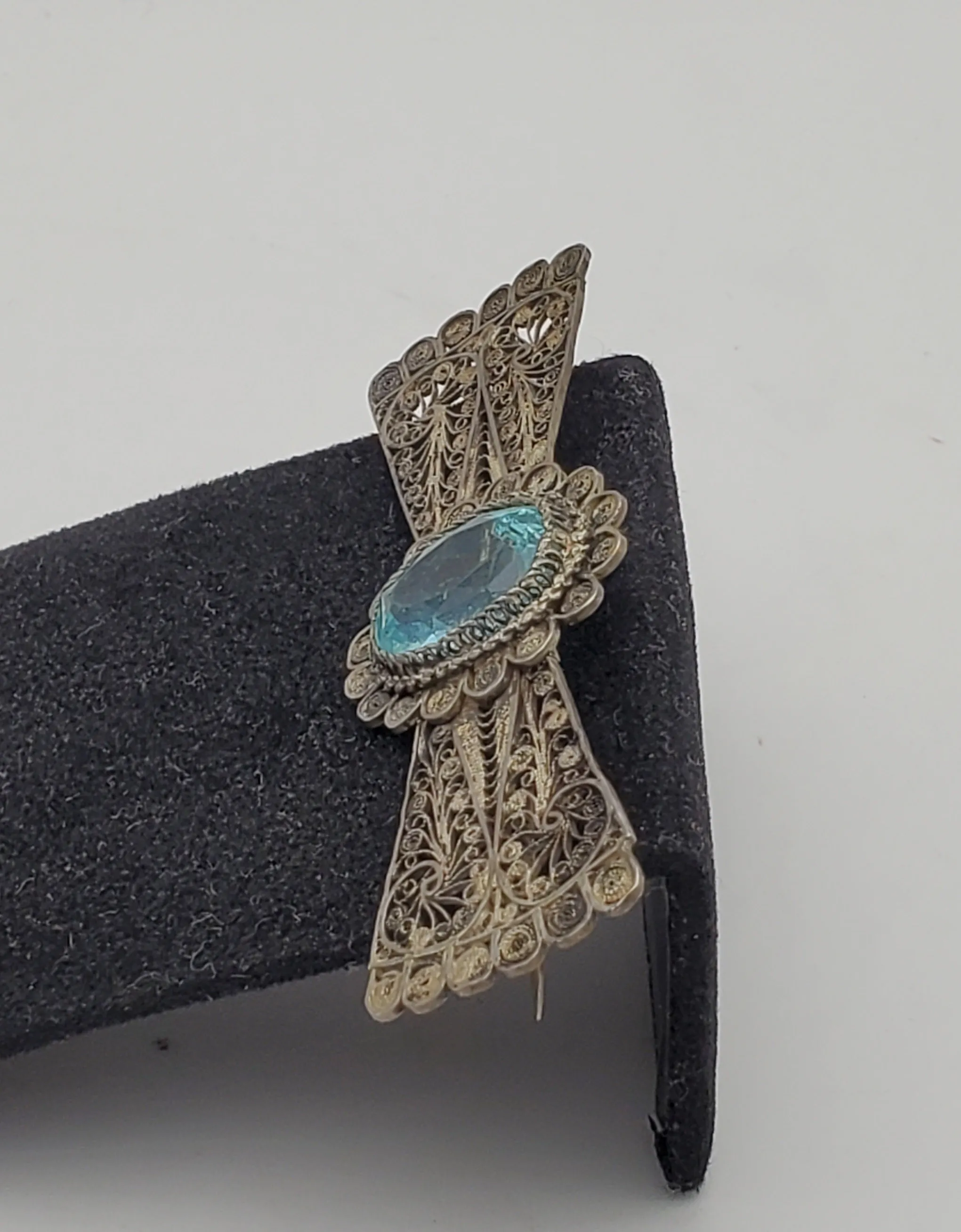 Vintage Handmade Filigree Imitation Aquamarine Brooch