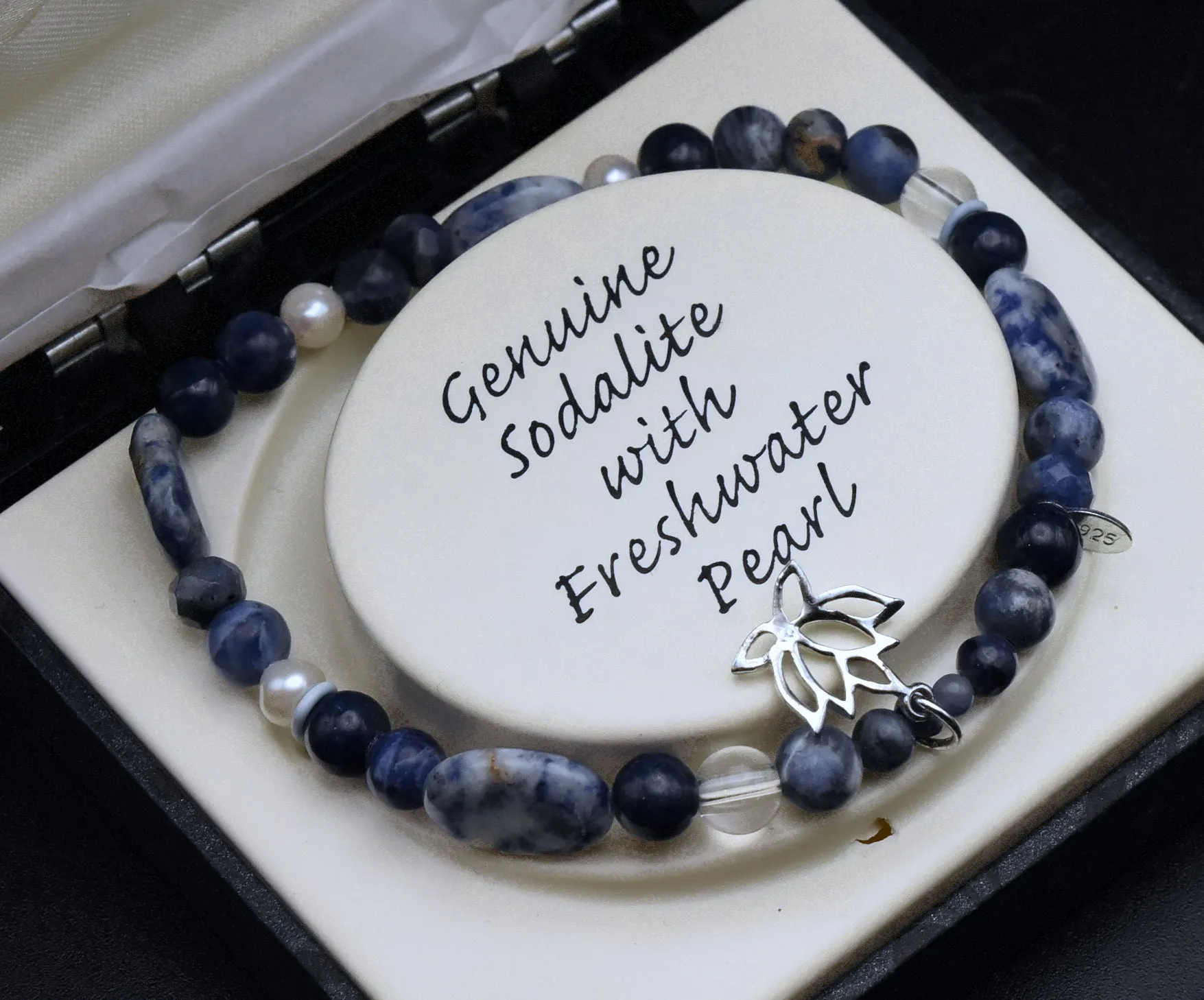 Vintage NIB Sodalite, Freshwater Pearl and Sterling Silver Beaded Stretch Bracelet