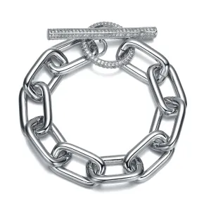 White Gold Plated Sterling Silver with Cubic ZIrconia Oval Cable Link Bracelet w/ Toggle Clasp