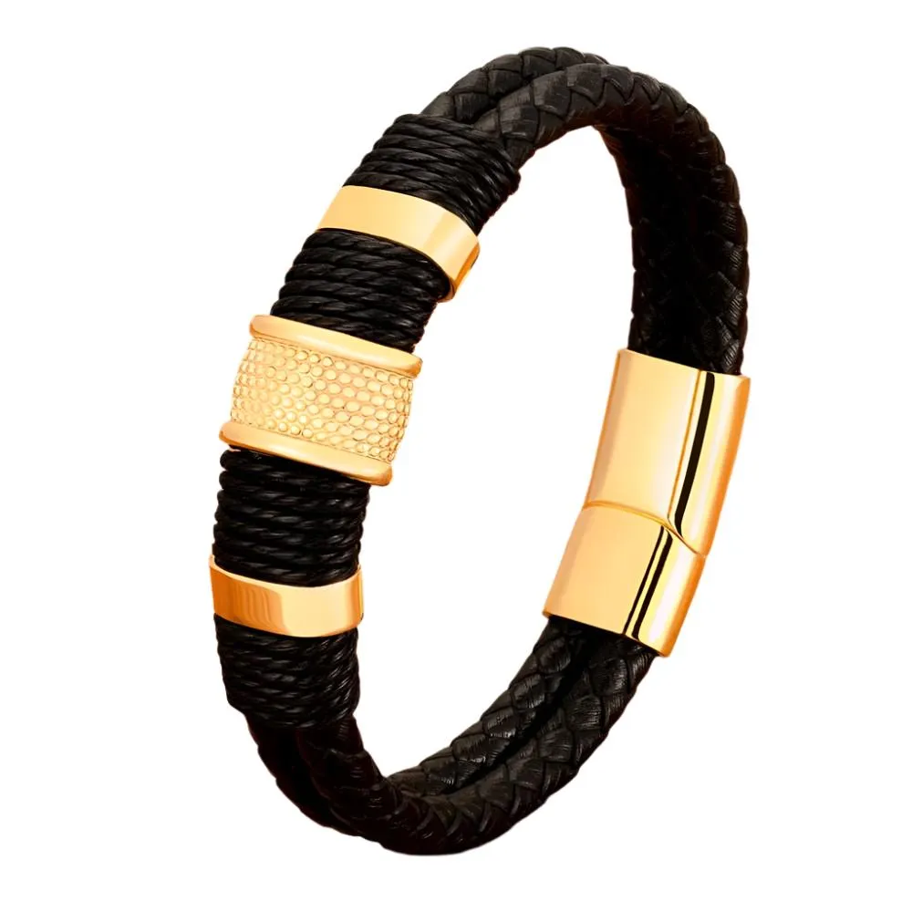 Woven Leather Stainless Steel Men's Bracelet Double-layer Design