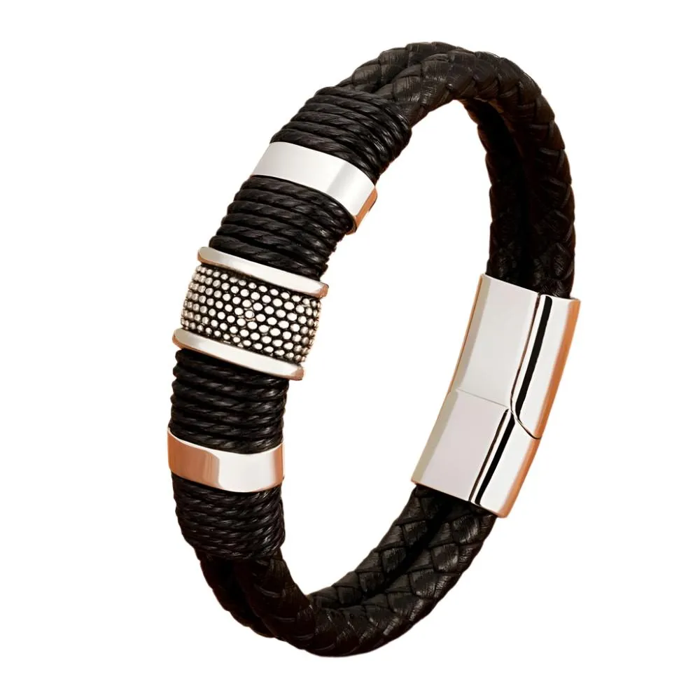 Woven Leather Stainless Steel Men's Bracelet Double-layer Design