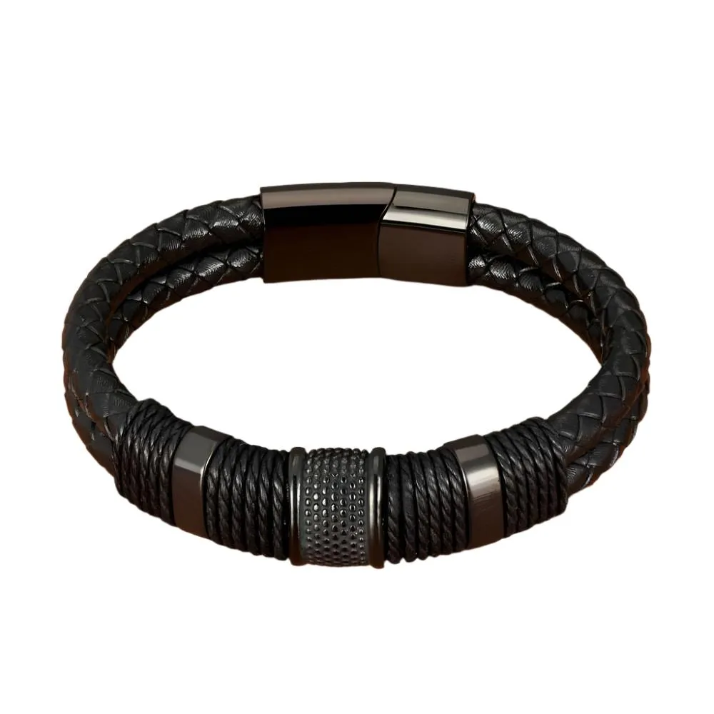 Woven Leather Stainless Steel Men's Bracelet Double-layer Design