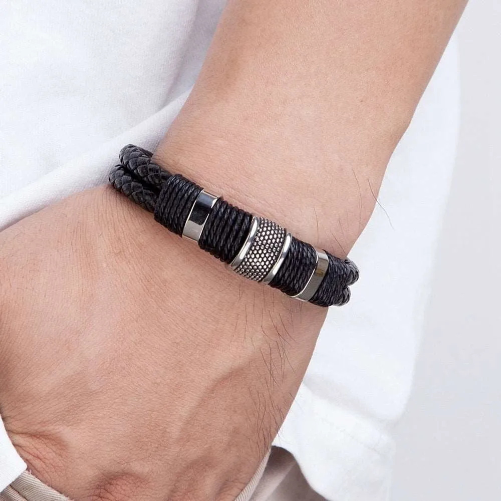 Woven Leather Stainless Steel Men's Bracelet Double-layer Design